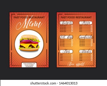 
BEAUTIFUL AND ORIGINAL MENU FOR A FAST FOOD RESTAURANT OR A CAFE. BILATERAL A4 TEMPLATE. VECTOR ILLUSTRATION MENU