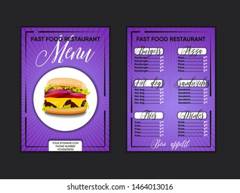 
BEAUTIFUL AND ORIGINAL MENU FOR A FAST FOOD RESTAURANT OR A CAFE. BILATERAL A4 TEMPLATE. VECTOR ILLUSTRATION MENU