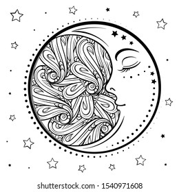 Beautiful ornamenral moon antistress coloring page. Adult coloring ethnic style black and white graphic.