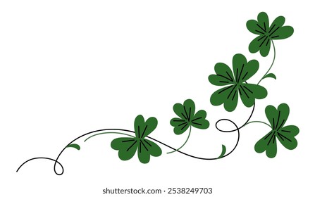 Beautiful ornament with green shamrock leaf. Outline stem with leaf. Abstract decorative angular border element with stem and leaves. Frame design corner. Vector illustration.