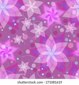 Beautiful ornamental background seamless pattern with pink and purple summer flowers lilies, circles and swirls. Floral stylish bright wallpaper with violet stylized flowers. Vector illustration