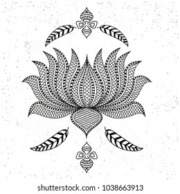 Beautiful ornamental Boho style Lotus flower. Creative hand drawn illustration in doodle style. Can be used as greeting card or Invitation card design.