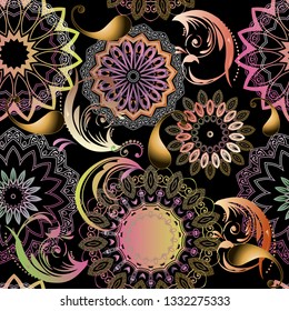 Beautiful ornamental floral Paisley seamless mandalas pattern. Elegance colorful patterned background. Ethnic style lacy flowers, leaves. Round flourish mandalas ornament. Repeat ornate backdrop.