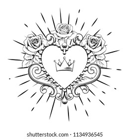 Beautiful ornamental heart with crown and roses in black color isolated on white background. Vector illustration.