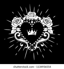 Beautiful ornamental heart with crown and roses in white color isolated on black background. Vector illustration.