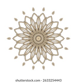 Beautiful ornamental mandala pattern made of braided rope texture in beige tones. Intricate floral symmetry on clean white background. Decorative handcrafted style illustration. Vector abstract flower