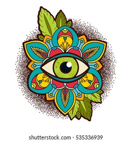 Beautiful ornamental peony, rose flower with an eye of providence. old school tattoo, print on postcards, T-shirts, packaging, smartphone cover, napkins, pillows. Alchemical Tarot Magic flower. Vector