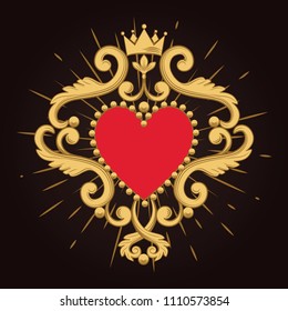 Beautiful ornamental red heart with crown on black background. Vector illustration.