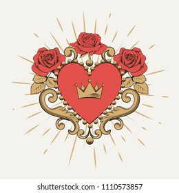 Beautiful ornamental red heart with crown and roses on white background. Vector illustration.