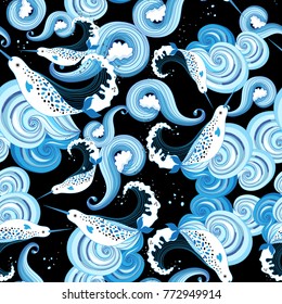 Beautiful ornamental sea pattern with narwhals on a dark background