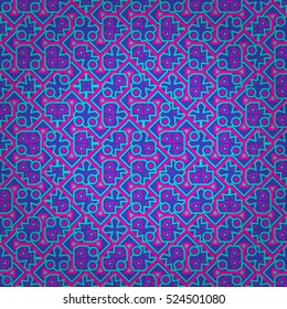 Beautiful ornamental seamless pattern background in maze style. Vivid, contrast design for game, ads, wallpaper or other purpose. Actual decor. Compound tessellated repeatable backdrop.