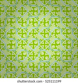 Beautiful ornamental seamless pattern background in tribal style. Bright, graphical design for fabric, banner, textile or other purpose. Complicated tessellated repeatable backdrop. Classic tracery.