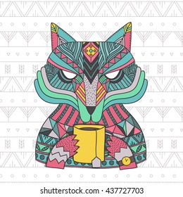 Beautiful ornamental wolf drinking tea. Ethnic wild animal vector illustration. Decorative colorful forest beast holding a cup with beverage. Stylish print for t-shirt.