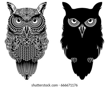 Beautiful ornate big owl black stencils on the white background, cartoon vector illustration