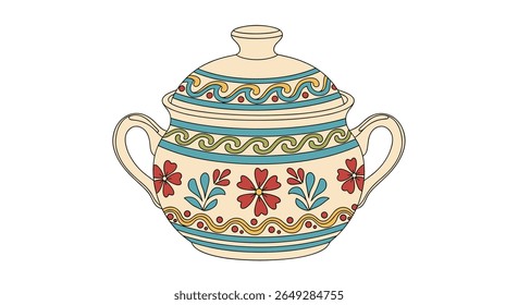 Uma bela tigela de açúcar ornamentada de cerâmica adornada com padrões florais intrincados e uma tampa decorativa apresentando artesanato tradicional e artesanato