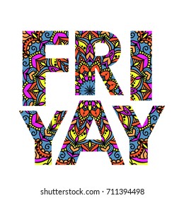 beautiful ornate colorful word 'friyay', isolated  design object