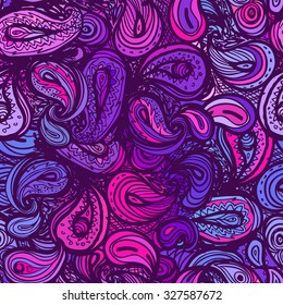 Beautiful ornate floral paisley seamless pattern. Wallpaper abstract hand drawn waves, swirls and clouds pattern, for paper and textile design. Elegant colorful Indian style ornament.