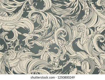 Beautiful ornate flower seamless pattern. Outline drawing, spring summer floral fashion print. Intricate leafy background. Decorative style retro ornate design with repetition. vector illustration