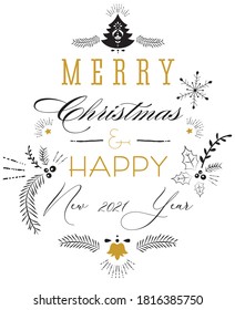 Beautiful ornate Merry Christmas typography greeting card.
