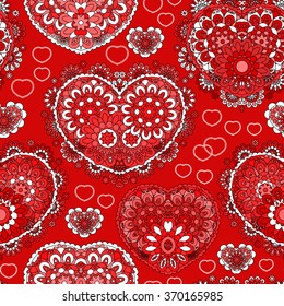 Beautiful ornate seamless background with hearts. Endless doodle pattern. Ornamental scribble texture. Red white figure on red background. Love, birthday, Valentine day, sale. Vector