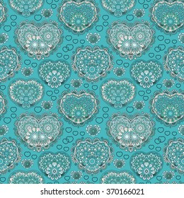 Beautiful ornate seamless background with hearts. Endless doodle pattern. Ornamental scribble texture. Gray blue figure on blue background. Love, birthday, Valentine day, sale. Vector