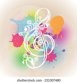 Beautiful ornate treble clef on a colorful background of blots and stains