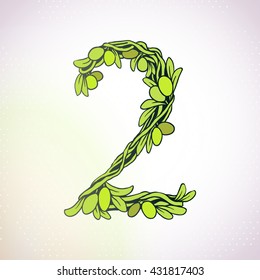 Beautiful ornate weaving olive tree branches with leaves and fruits. Floral numbers. Olive numerology. Number two