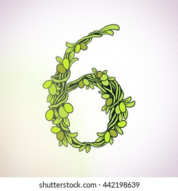 Beautiful ornate weaving olive tree branches with leaves and fruits. Floral numbers. Olive numerology. Number three