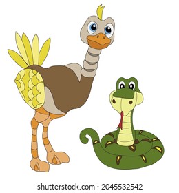 beautiful ostrich and snake on a white background, cartoon drawing