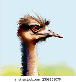 Beautiful ostrich, watercolor dye painting, vector EPS 10 illustration