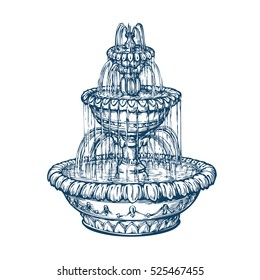 Beautiful outdoor marble fountain. Sketch vintage vector illustration