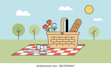 Beautiful outdoor picnic setting with a checkered blanket, a woven basket filled with baguette and flowers under a sunny sky.