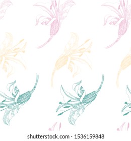 Beautiful outline colorful floral pattern lily flowers. Botanical seamless vector texture in hand drawn technique on white background. For fashion prints, background, texture, wrapper pattern, wedding