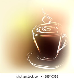 Beautiful outline cup of coffee in appetizing brown colors with place for your text, vector illustration