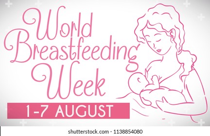 Beautiful outline design with cross pattern and a gorgeous mother holding her newborn baby and feeding him in the hospital bed during World Breastfeeding Week.