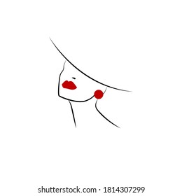 Beautiful outline female head in hat. Stylish logo of girl with red lips and earrings. Fashion lady icon