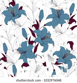 Beautiful outline Floral pattern lily flowers. Botanical  Motifs random. Seamless vector texture. For fashion prints. Printing with in hand drawn tecnic on white background in unfinished style