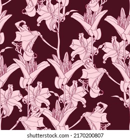 Beautiful outline Floral pattern lily flowers. Seamless texture. For fashion prints. Printing with in hand drawn on bordo background.