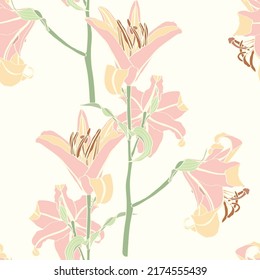 Beautiful outline Floral pattern lily flowers. Seamless texture. For fashion prints. Printing with in hand drawn on white background.