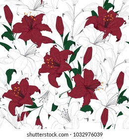 Beautiful outline Floral pattern Red lily flowers. Botanical  Motifs scattered random. Seamless vector texture. For fashion prints. Printing with in hand drawn on white background in unfinished style