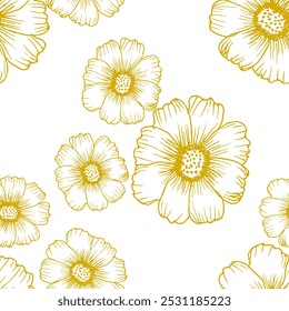 Bonito contorno flor padrão sem emenda no fundo branco. Elementos botânicos modernos de plantas, ramos e folhas. Ilustração vetorial para tecido têxtil