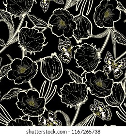 Beautiful outline hand drawn graden in the dark dash botanic flowers with butterflies ,design for fashion,fabric,wallpaper and all prints on black background color.