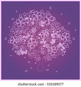 Beautiful outlined conceptual pink tree on violet background; made using vector graphics