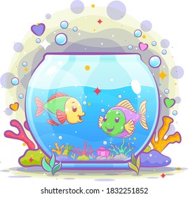 The beautiful oval aquarium have two small fish inside it of illustration