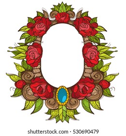 Beautiful oval frame with roses. Baroque decorative border of flowers. Floral element for design of congratulations.