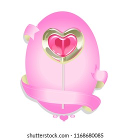 Beautiful oval pink frame with lollipop in the shape of a heart isolated on white. Design element for holiday decoration, greeting card print, invitation, wedding decor