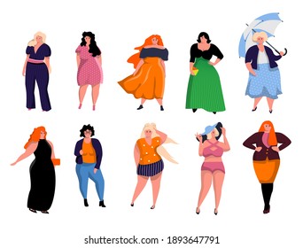 Beautiful overweight woman dressed in casual clothes set. Plus size chubby glamour attractive fashion girl presenting body positive acceptance vector illustration set isolated on white background