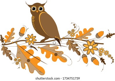Beautiful owl bird on an oak branch in the style of the national Ukrainian Petrikov painting. Vector traditional flower ornament on white background for decor of greeting cards, clothes, ceramics.