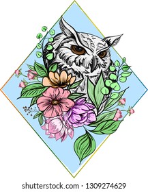 Beautiful owl in colorful flowers and leaves in a rhombus frame
