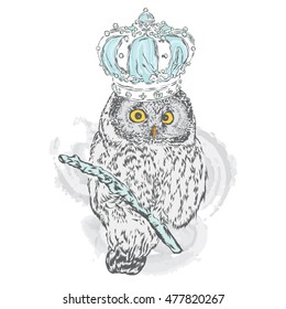 Beautiful owl with crown. Vector illustration for greeting card, poster, or print on clothes. Fashion & Style.